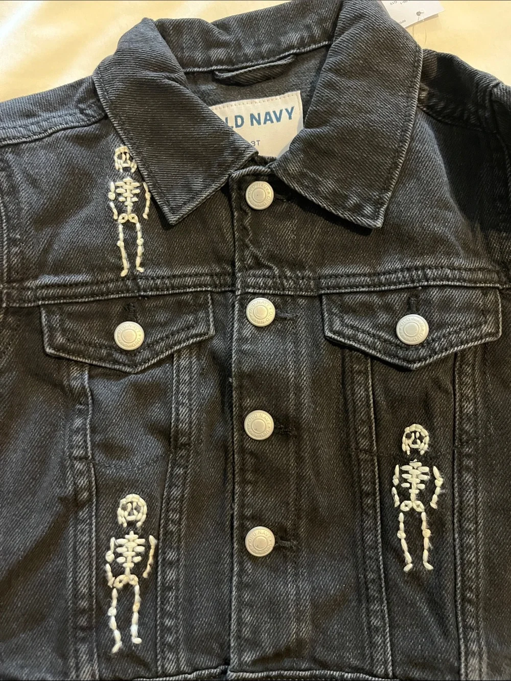 NWT Old Navy Black Denim Kids Jacket with White Skeleton Embroidery